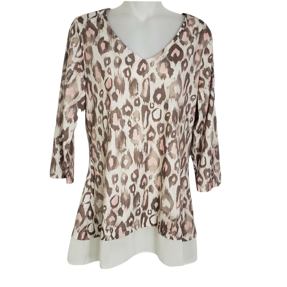 Kristine Women Blouse Top Small/Medium Multicolor 3/4 Sleeve V Neck Animal Print
